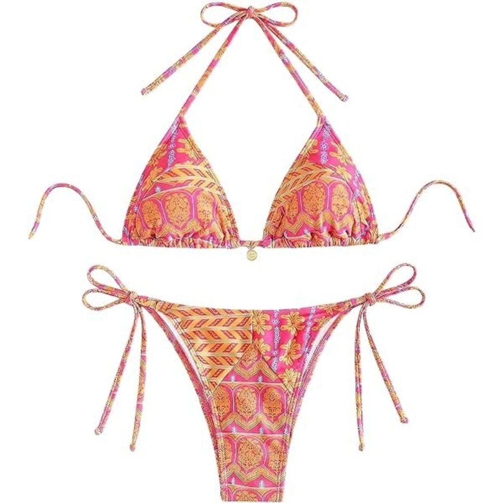 NEW Halter Bikini Set Triangle Top String Piece Boho Aztec Pink Cheeky Small - Picture 6 of 11